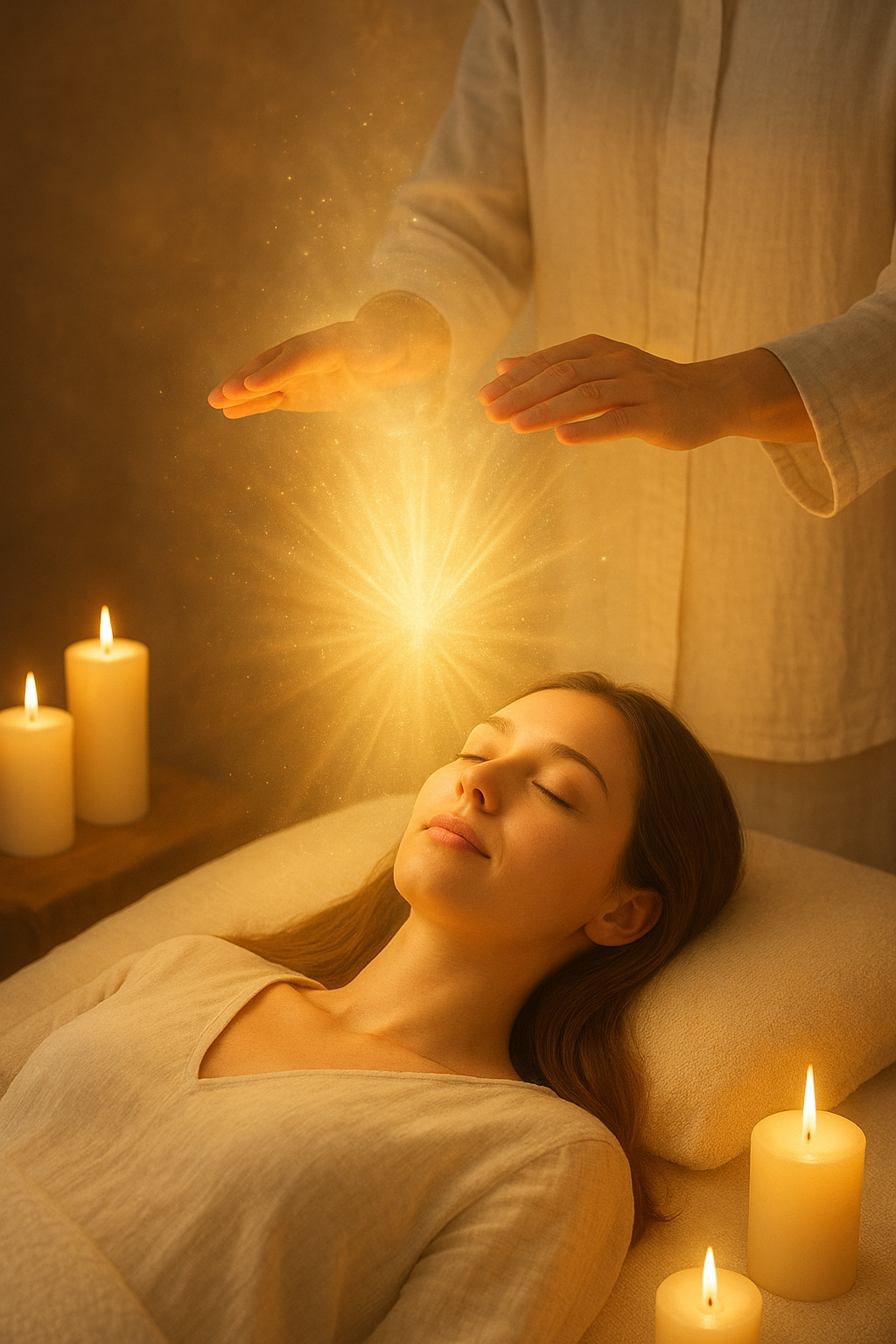 Sesja Reiki – kobieta podczas energetycznego zabiegu w&nbsp;ciepłym, złotym świetle.